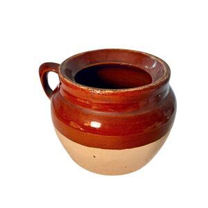 Vintage Two Tone Brown and Tan Glaze Stoneware Pottery Crock Bean Pot w/Handle